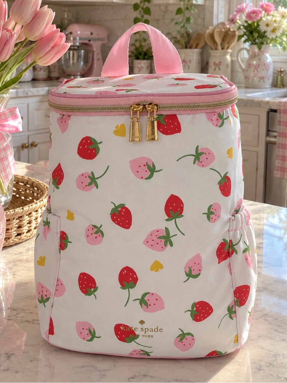 Kate Spade NWOT Strawberry Print Backpack in White & Pink Like New
